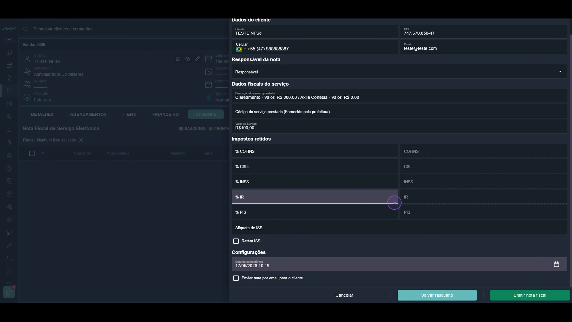 Configure a data de competência